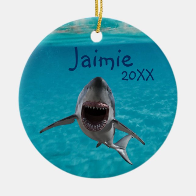 Personalised Great White Shark Ocean Ceramic Tree Decoration (Front)