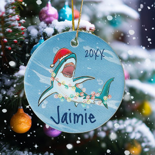 Personalised Great White Shark Ocean Watercolor Ceramic Tree Decoration