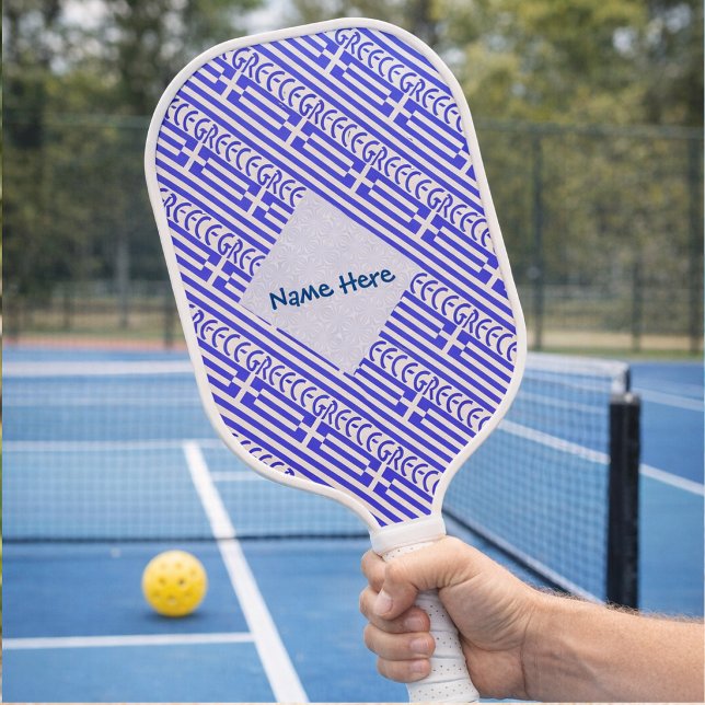 Personalised Greece Flag Tiled Pickleball Paddle (Personalized pickleball paddle has Greek Flag and GREECE. Ad name in fractal. Design on both sides.)