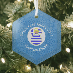 Personalised Greek Blonde Angel Hanukkah Flag Glass Tree Decoration