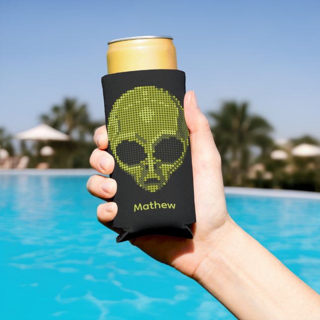 Personalised Green Alien Head  Seltzer Can Cooler (In Situ Pool)