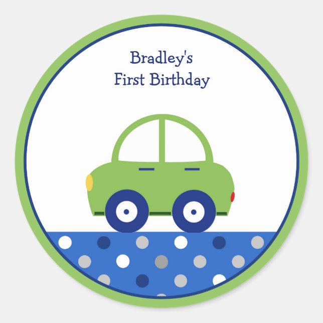 Personalised Green and Blue Car First Birthday Classic Round Sticker (Front)