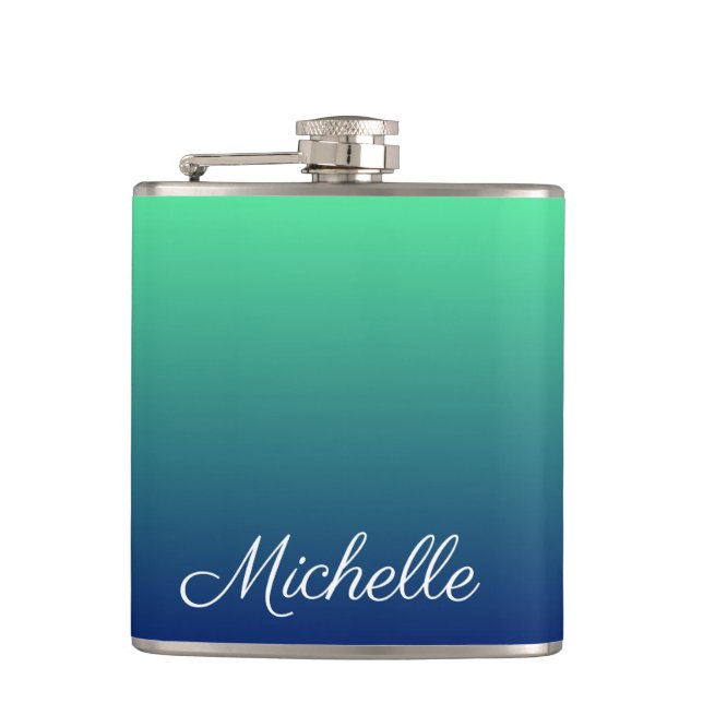 Personalised green and blue ombre hip flask (Front)