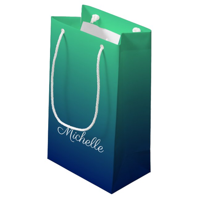 Personalised green and blue ombre small gift bag (Back Angled)