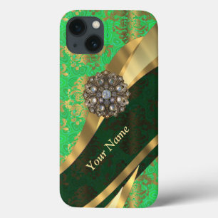Personalised green and gold damask pattern iPhone 13 case