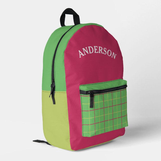 Personalised Green And Pink Gingham Plaid Pattern  Printed Backpack (Back Corner Left)