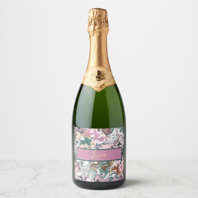 Personalised Green and Pink Marble Abstract Custom Sparkling Wine Label (Front)