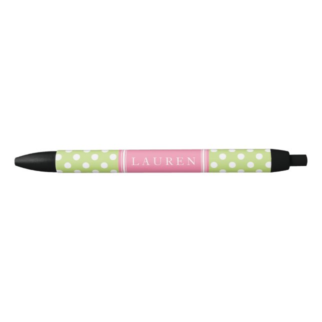 Personalised Green and Pink Polka Dots Pattern Black Ink Pen (Front)