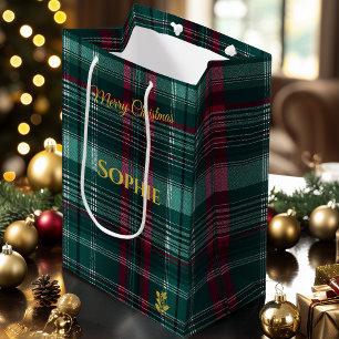 Personalised Green and Red Plaid Christmas Medium Gift Bag