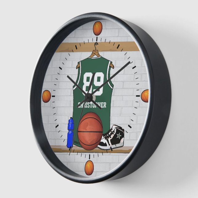 Personalised Green and White Basketball Jersey Clock (Angle)