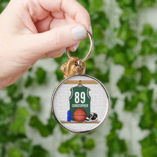 Personalised Green and White Basketball Jersey Key Ring