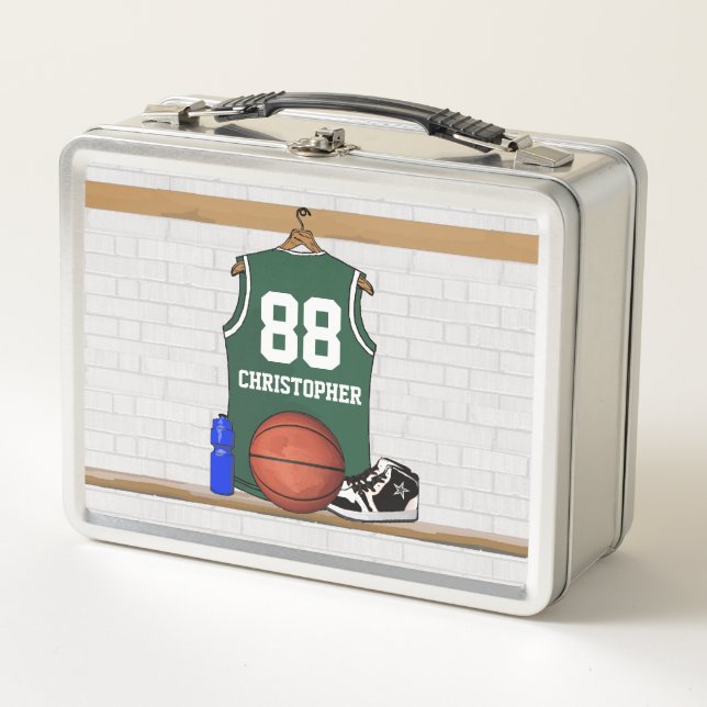 Personalised green and white basketball jersey metal lunch box (Front)