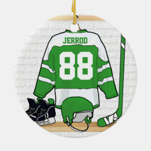 Personalised Green and White Ice Hockey Jersey Ceramic Tree Decoration
