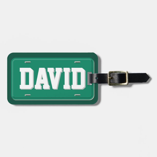 Personalised Green and White License Plate Luggage Tag (Front Horizontal)