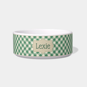 Personalised Green and White Plaid Pet Bowl