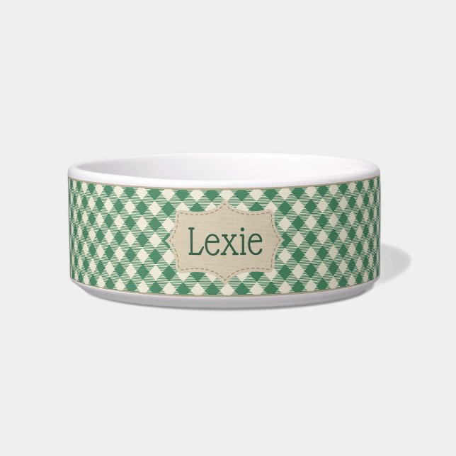 Personalised Green and White Plaid Pet Bowl (Front)