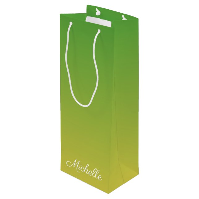 Personalised green and yellow ombre wine gift bag (Back Angled)