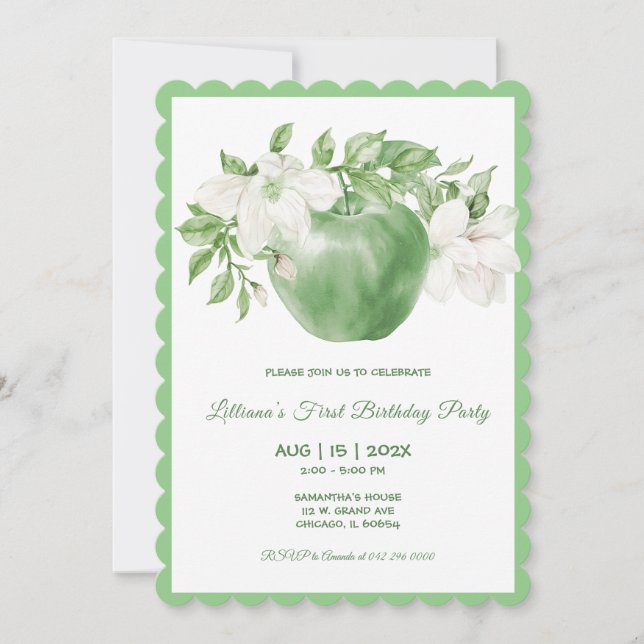 Personalised Green Apple Birthday Invitation (Front)