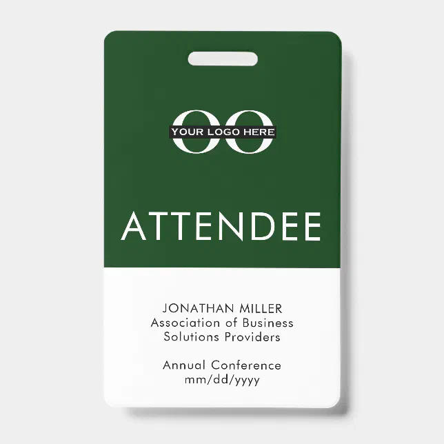 Personalised Green Attendee Custom Logo Text ID Badge | Zazzle