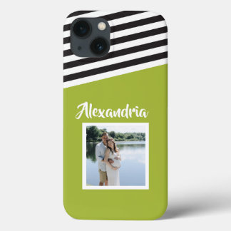 Personalised Green Black White Stripe Pattern iPhone 13 Case