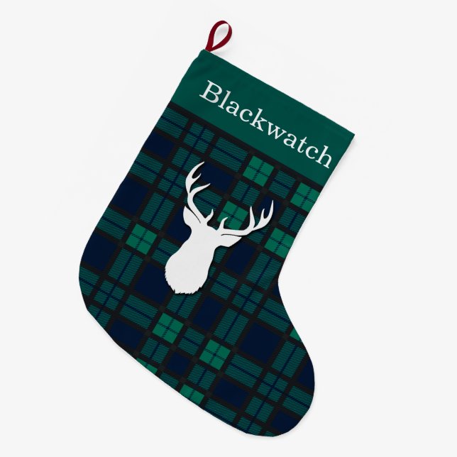 Personalised Green Blackwatch Tartan Deer Large Christmas Stocking (Front (Hanging))