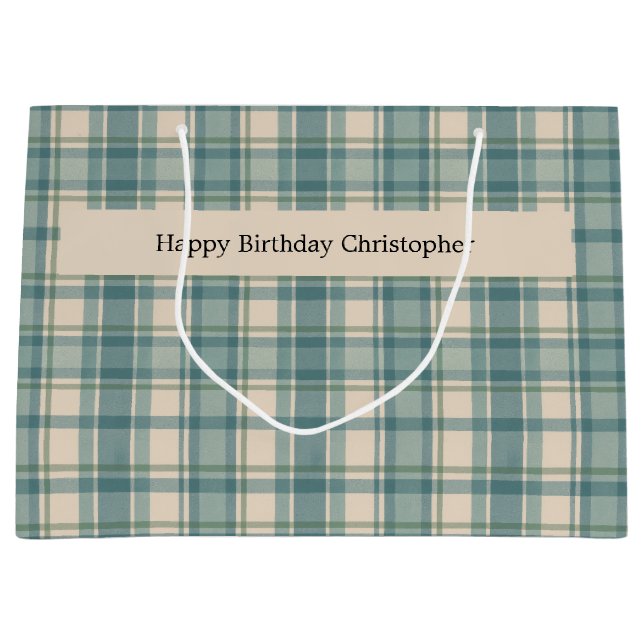 Personalised Green Blue Beige Plaid Men's Birthday Large Gift Bag (Front)