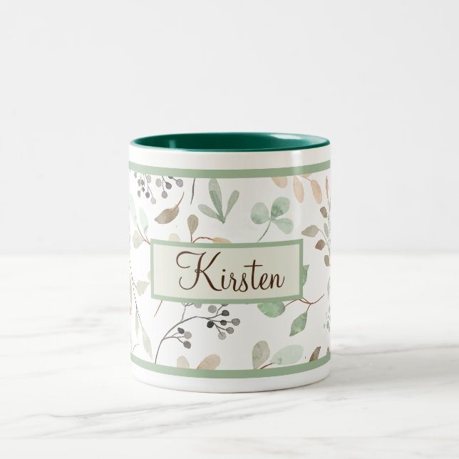 Personalised Green & Brown Floral  Two-Tone Coffee Mug (Center)