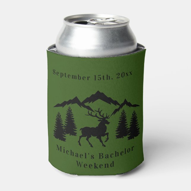 Personalised Green Buck Hunting Bachelor Weekend Can Cooler (Can Front)