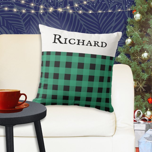 Personalised Green Buffalo Plaid Check Pattern Cushion (A personalized throw pillow cushion, with green buffalo check plaid pattern. Ideal Xmas gift.)