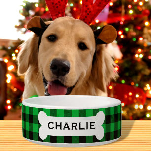 Personalised Green Buffalo Plaid Christmas Dog Bowl