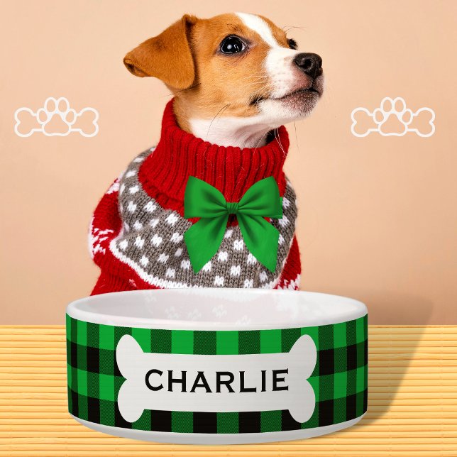Personalised Green Buffalo Plaid Dog Bone Name Bowl (Creator Uploaded)