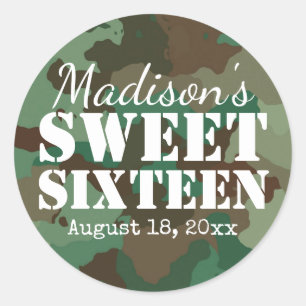 Personalised Green Camo Sweet Sixteen Birthday Classic Round Sticker