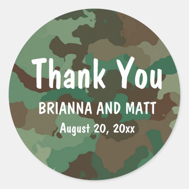 Personalised Green Camo Thank You Wedding Sticker (Front)