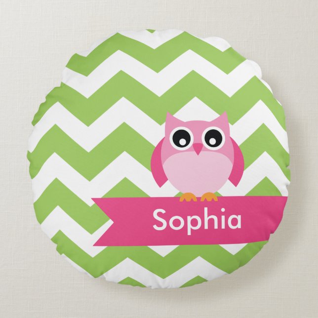 Personalised Green Chevron Pink Owl Round Cushion (Front)