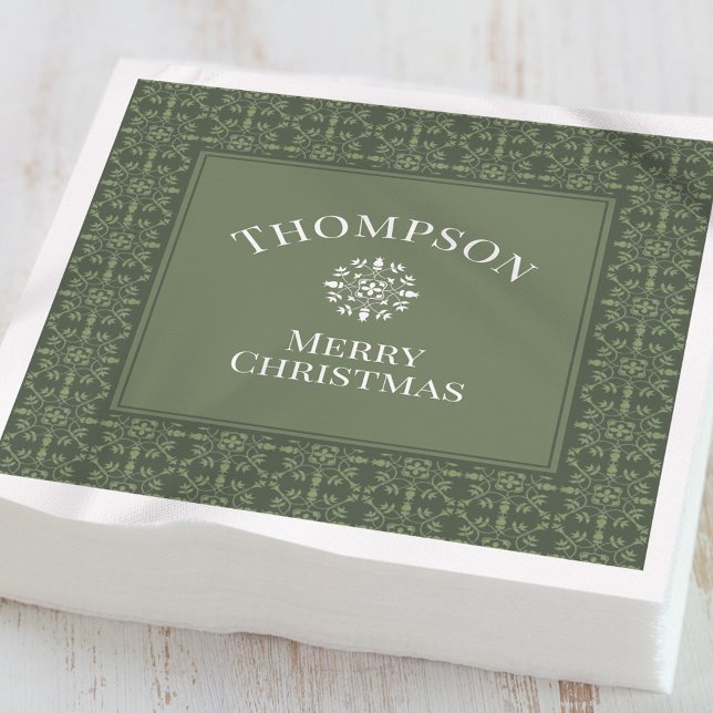 Personalised Green Christmas Family Name Napkin (Personalized green Christmas napkin with custom family name.)
