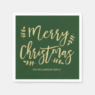 Personalised Green Christmas Napkins, Gold Text Napkin