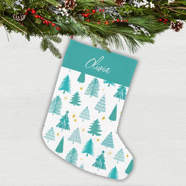 Personalised Green Christmas Tree Winter Forest Small Christmas Stocking (Modern and simple winter woodland Christmas tree design: Personalized  Christmas Stocking)