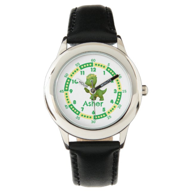 Personalised Green Dinosaur Boys Time Learning Watch (Front)