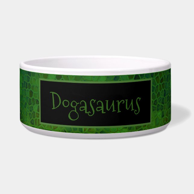 Personalised Green dinosaur Hide Ceramic Pet Bowl (Front)