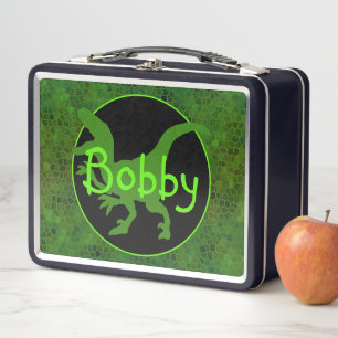 Personalised Green Dinosaur Hide Metal Lunch Box
