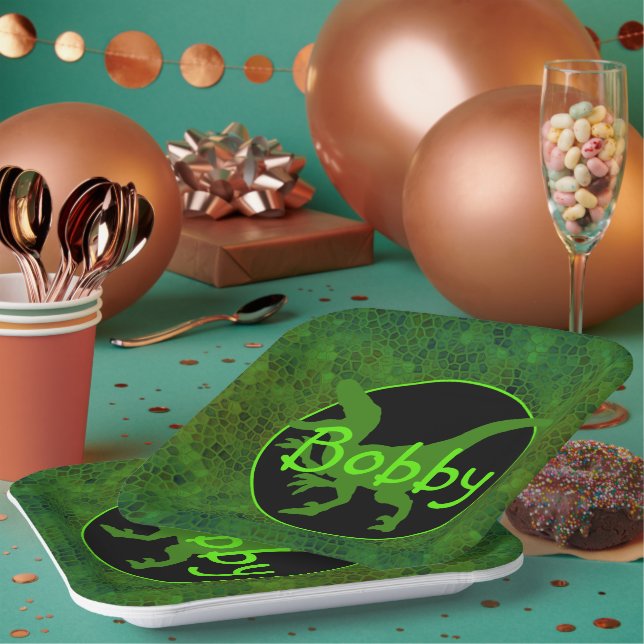 Personalised Green Dinosaur Hide Paper Plate (Multi)
