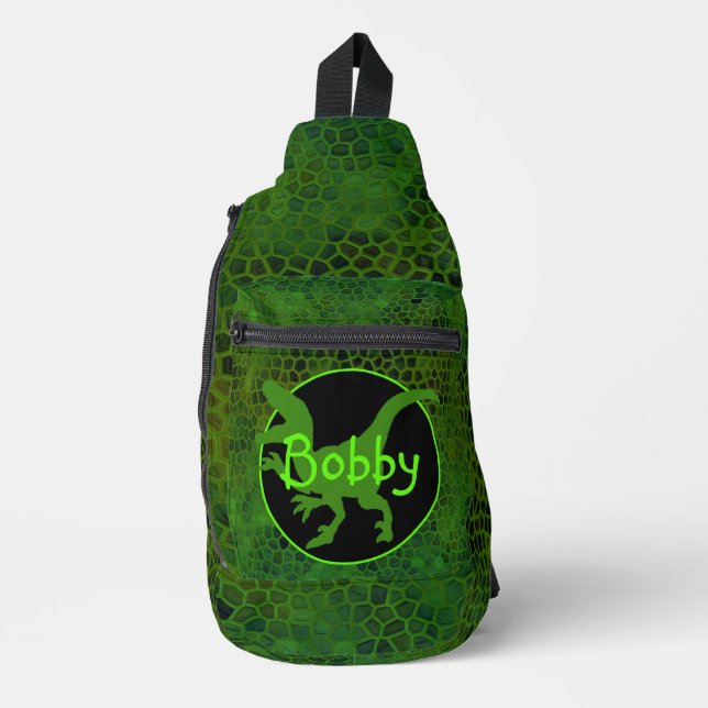 Personalised Green Dinosaur  Sling Bag (Front)