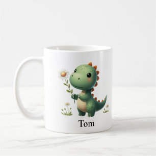 Personalised Green Dinosaur with Flower Coffee Mug