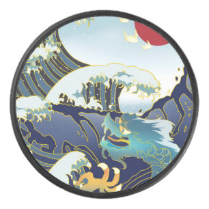 Personalised Green Dragon Blue Wave Red Sun Hockey Puck