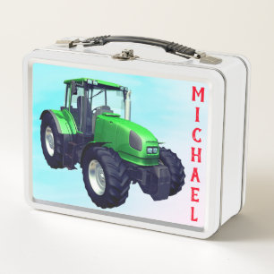 Personalised Green Farm Tractor Metal Lunch Box