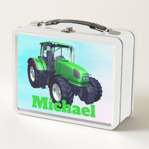 Personalised Green Farm Tractor Metal Lunch Box