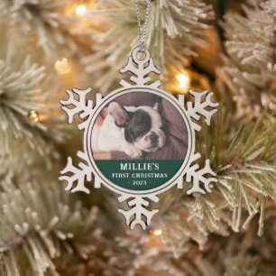 Personalised Green First Christmas Puppy Photo Snowflake Pewter Christmas Ornament