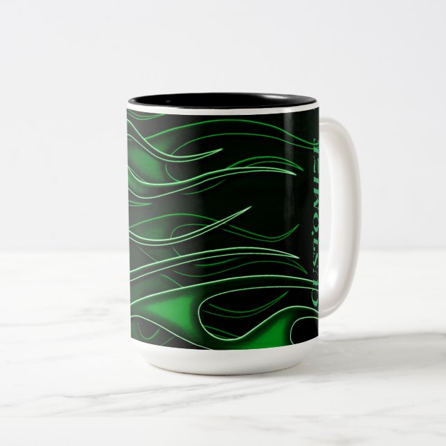 Personalised Green Flames Two-Tone Coffee Mug (Front Right)