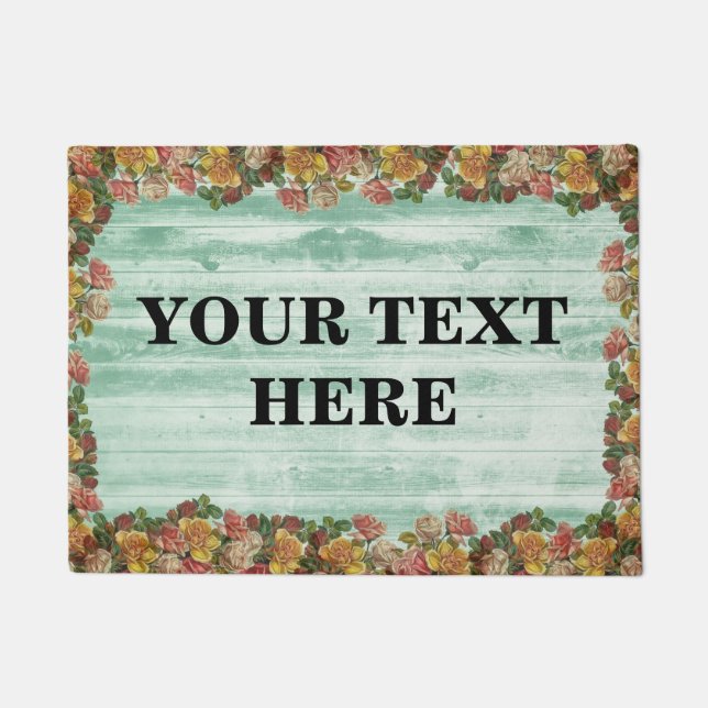 Personalised Green Floral Bamboo Wood Doormat (Front)