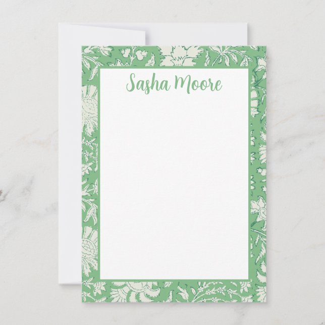 Personalised Green Floral Block Print Stationery Thank You Card (Front)